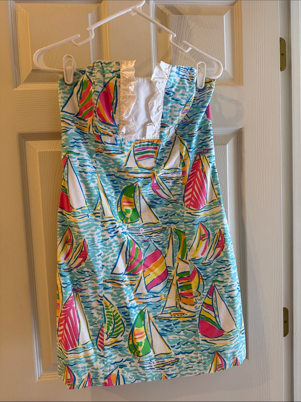Lilly Pulitzer Strapless Sailboat Print Dress in Aqua, Pink, Yellow